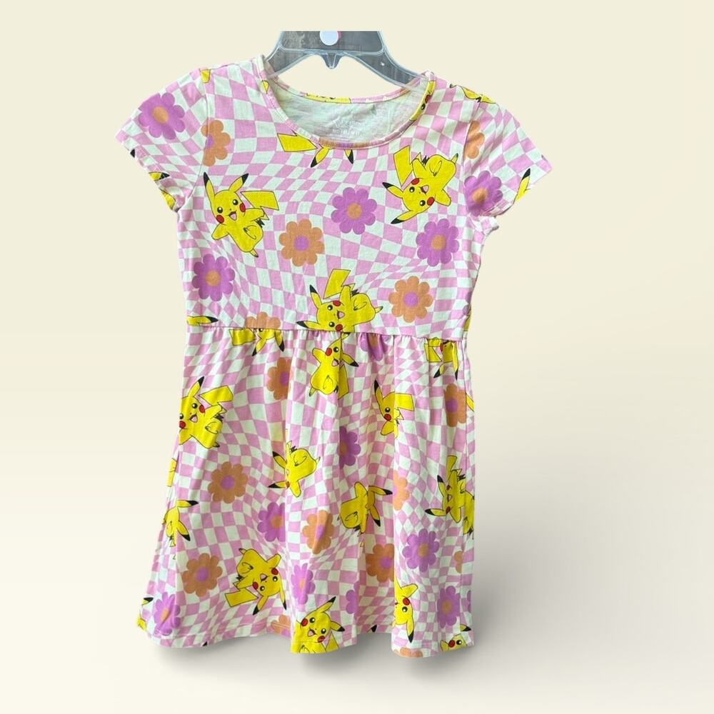 Pokemon Pikachu Size 8 Girls Dress Short Sleeve Floral Check Medium NWOT